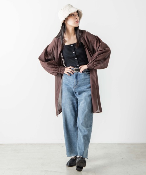 WEGO(ウィゴー)の「WEGO/バンドカラーシアーチュニックシャツ(シャツ/ブラウス・レディース・ダークブラウン/ホワイト・FREE)」の6枚目の写真