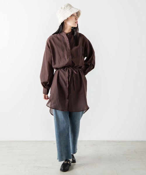 WEGO(ウィゴー)の「WEGO/バンドカラーシアーチュニックシャツ(シャツ/ブラウス・レディース・ダークブラウン/ホワイト・FREE)」の7枚目の写真