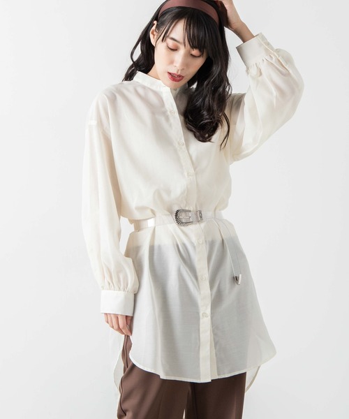 WEGO(ウィゴー)の「WEGO/バンドカラーシアーチュニックシャツ(シャツ/ブラウス・レディース・ダークブラウン/ホワイト・FREE)」の10枚目の写真