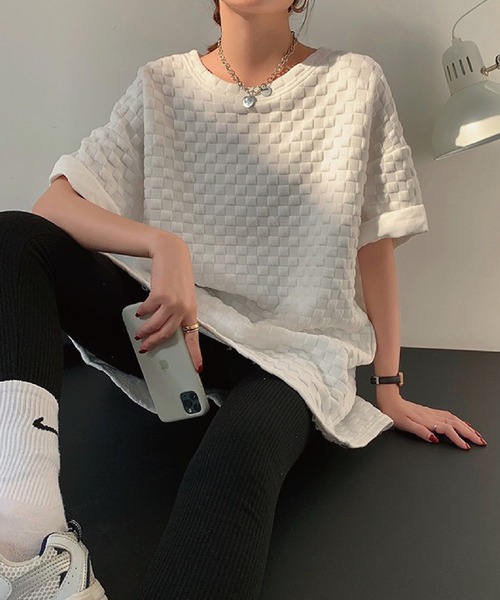 meJane（ミージェーン）の「ぷっくりフクレジャガード オーバーシルエットTee（Tシャツ/カットソー・レディース・ホワイト/ブラック・FREE）」の4枚目の写真