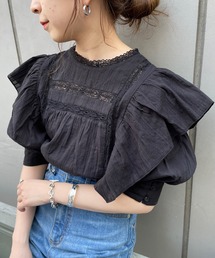 5分袖レース切替ボリューム刺繍ブラウス