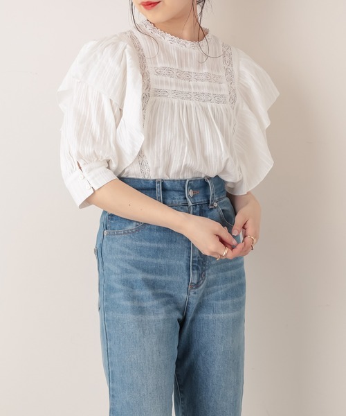 who's who Chico - フーズフーチコ レース切替ボリューム刺繍ブラウス 5分袖レース切替ボリューム刺繍ブラウス（シャツ/ブラウス