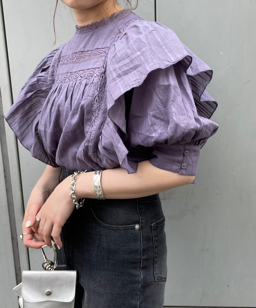 5分袖レース切替ボリューム刺繍ブラウス（シャツ/ブラウス