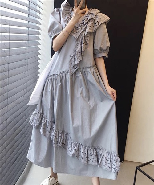 FREE STYLISTS（フリー スタイリスト）の「刺繍フリル　ロングワンピース（ワンピース・レディース・ホワイト/グレー・FREE）」の8枚目の写真