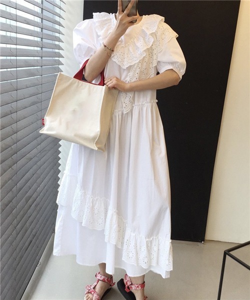 FREE STYLISTS（フリー スタイリスト）の「刺繍フリル　ロングワンピース（ワンピース・レディース・ホワイト/グレー・FREE）」の7枚目の写真