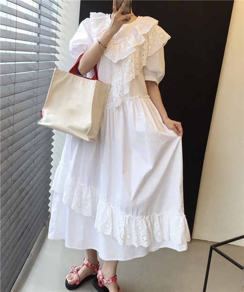 FREE STYLISTS（フリー スタイリスト）の「刺繍フリル　ロングワンピース（ワンピース・レディース・ホワイト/グレー・FREE）」の4枚目の写真