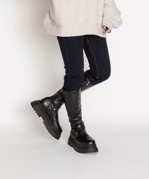 セール】チャンキーソール ストレッチ ロングブーツ / インサイド
