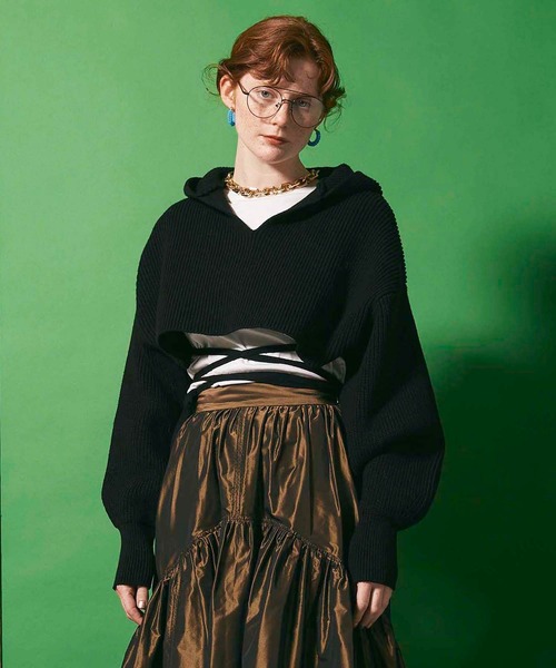 MAISON SPECIAL（メゾンスペシャル）の「ショートレングスニットフーディ【MAISON SPECIAL/メゾンスペシャル】（ニット/セーター・レディース・ブラック/オフホワイト/グリーン・FREE）」の7枚目の写真