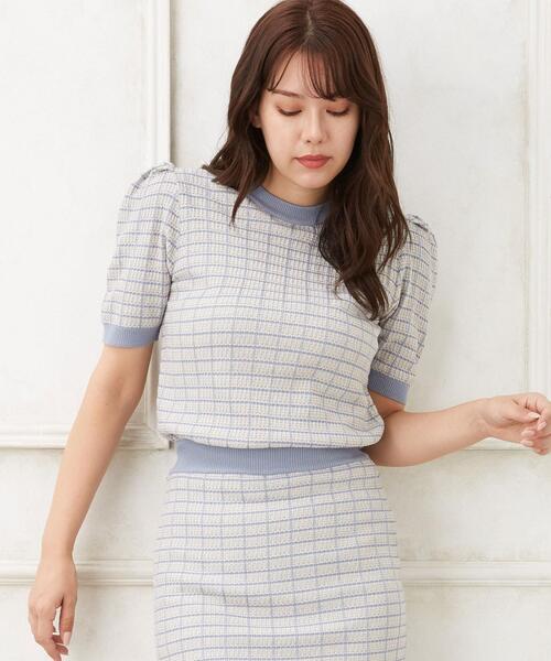 Allamanda(アラマンダ)の「ツイード調半袖ニット(SET UP)(ニット/セーター・レディース・サックスブルー系1/パープル/ホワイト×ブラック・M)」の1枚目の写真