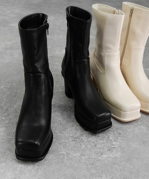 minia（ミニア）の「ワイドスクエアトゥの厚底ピースミドルブーツ　◆（ブーツ・レディース・アイボリー/ブラック/ブラウン系/パイソン・S/M/L/LL）」の9枚目の写真