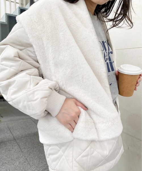 Meli rich（メリーリッチ）の「キルト×ファードッキングミドルコート（ミリタリージャケット・レディース・アイボリー/モカ/グレイッシュベージュ/ブラック系その他/ホワイト/ベージュ系・MEDIUM）」の16枚目の写真