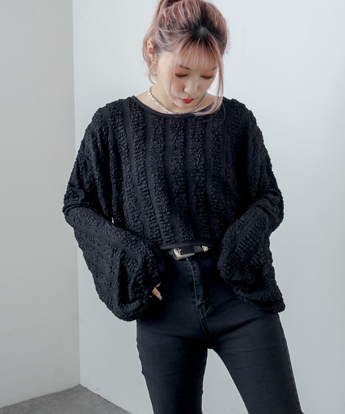 RASVOA(ラスボア)の「ふくれジャガードトップス(Tシャツ/カットソー・レディース・ブラック/オフホワイト・FREE)」の3枚目の写真