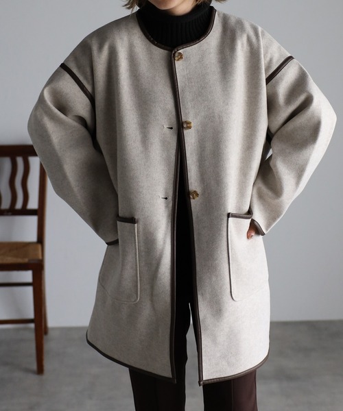 Fizz（フィズ）の「【Fizz/フィズ】　パイピング×フェイクウールミドル丈コート（ノーカラーコート・レディース・ブラック/ベージュ/アイボリー/モカ/キナリ・M）」の3枚目の写真