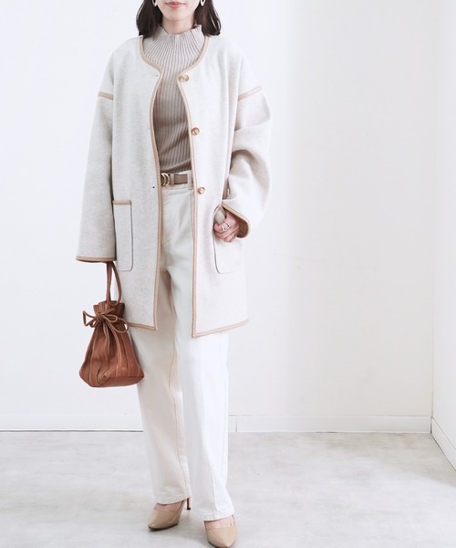 Fizz（フィズ）の「【Fizz/フィズ】　パイピング×フェイクウールミドル丈コート（ノーカラーコート・レディース・ブラック/ベージュ/アイボリー/モカ/キナリ・M）」の22枚目の写真