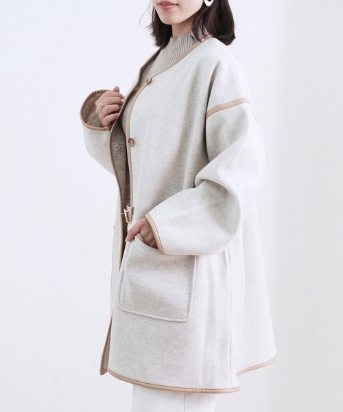 Fizz（フィズ）の「【Fizz/フィズ】　パイピング×フェイクウールミドル丈コート（ノーカラーコート・レディース・ブラック/ベージュ/アイボリー/モカ/キナリ・M）」の19枚目の写真