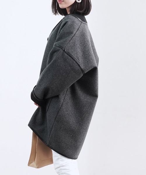 Fizz（フィズ）の「【Fizz/フィズ】　パイピング×フェイクウールミドル丈コート（ノーカラーコート・レディース・ブラック/ベージュ/アイボリー/モカ/キナリ・M）」の6枚目の写真