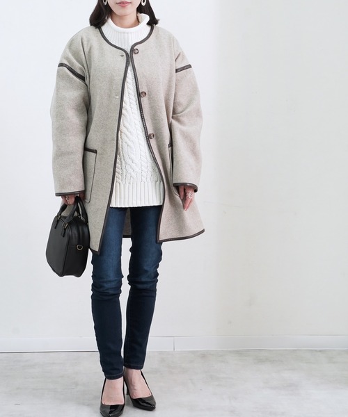 Fizz（フィズ）の「【Fizz/フィズ】　パイピング×フェイクウールミドル丈コート（ノーカラーコート・レディース・ブラック/ベージュ/アイボリー/モカ/キナリ・M）」の20枚目の写真