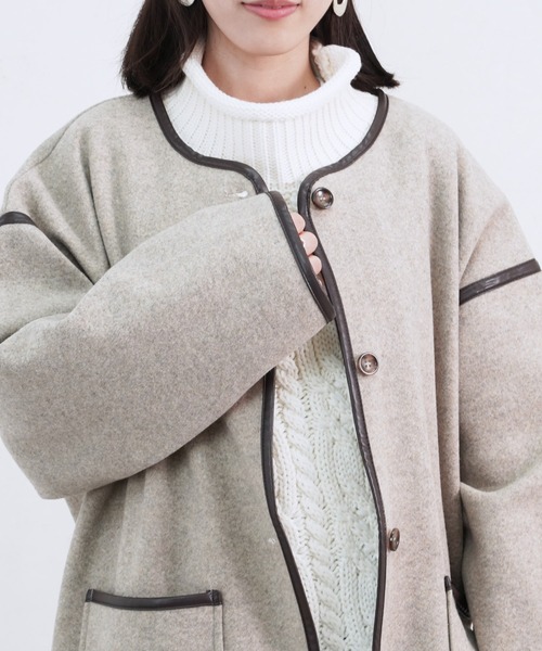 Fizz（フィズ）の「【Fizz/フィズ】　パイピング×フェイクウールミドル丈コート（ノーカラーコート・レディース・ブラック/ベージュ/アイボリー/モカ/キナリ・M）」の12枚目の写真