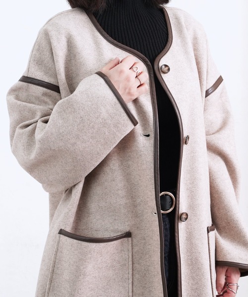 Fizz（フィズ）の「【Fizz/フィズ】　パイピング×フェイクウールミドル丈コート（ノーカラーコート・レディース・ブラック/ベージュ/アイボリー/モカ/キナリ・M）」の18枚目の写真