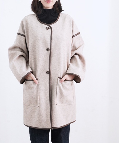 Fizz（フィズ）の「【Fizz/フィズ】　パイピング×フェイクウールミドル丈コート（ノーカラーコート・レディース・ブラック/ベージュ/アイボリー/モカ/キナリ・M）」の21枚目の写真