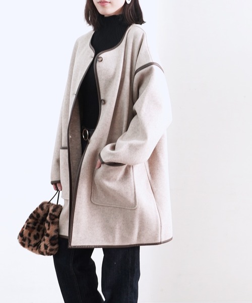 Fizz（フィズ）の「【Fizz/フィズ】　パイピング×フェイクウールミドル丈コート（ノーカラーコート・レディース・ブラック/ベージュ/アイボリー/モカ/キナリ・M）」の10枚目の写真