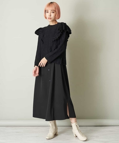 前後2way インナーワンピース付きフリルケーブルニット