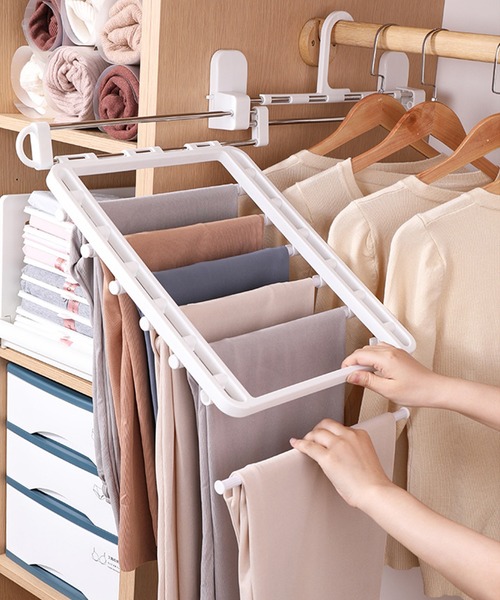 壁掛け穴あけ不要 多層ズボン棚