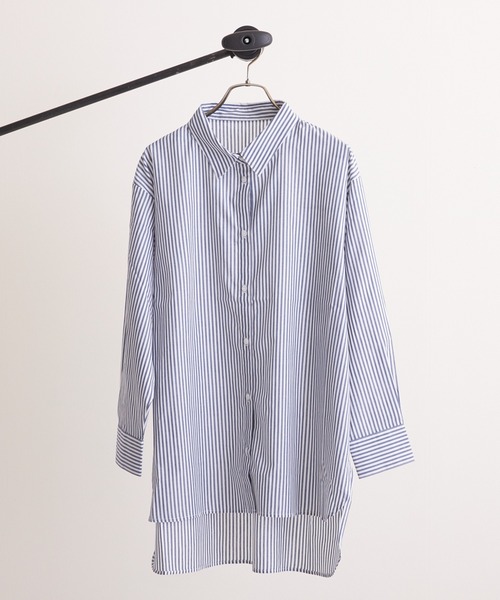 PAPAVER(パパヴェル)の「【PAPAVER】ストライプB柄 TCビッグシャツ(シャツ/ブラウス・レディース・ネイビー/サックスブルー/ピンク/オレンジ/グリーン・MEDIUM)」の1枚目の写真