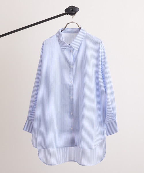 PAPAVER(パパヴェル)の「【PAPAVER】ストライプB柄 TCビッグシャツ(シャツ/ブラウス・レディース・ネイビー/サックスブルー/ピンク/オレンジ/グリーン・MEDIUM)」の3枚目の写真