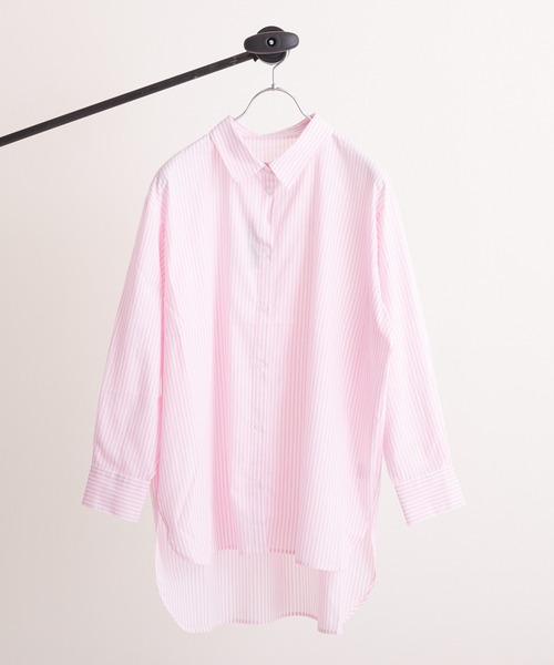 PAPAVER(パパヴェル)の「【PAPAVER】ストライプB柄 TCビッグシャツ(シャツ/ブラウス・レディース・ネイビー/サックスブルー/ピンク/オレンジ/グリーン・MEDIUM)」の4枚目の写真