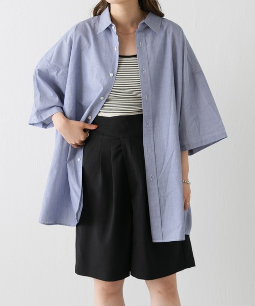 WHIMSIC（ウィムジック）の「【WHIMSIC】オーバーサイズショートスリーブシャツ（シャツ/ブラウス・レディース・ネイビー/ブルー・FREE）」の12枚目の写真