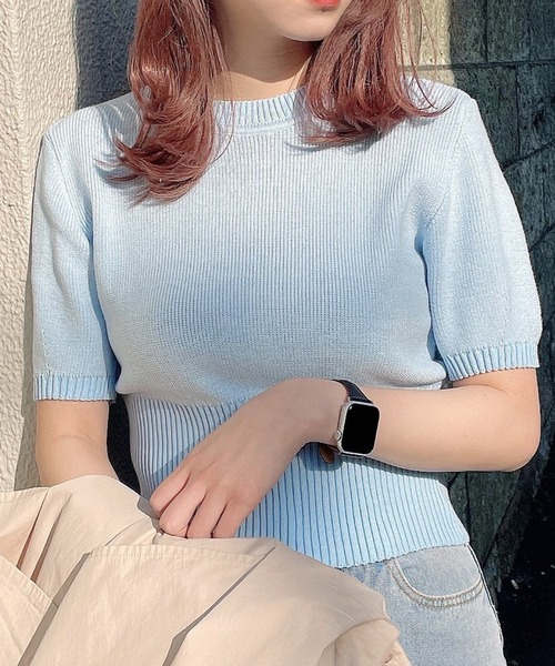 Voyage titty&Co.PETIT（ボヤージュティティアンドコープチ）の「【Voyage titty&Co. PETIT】半袖カラーニットプルオーバー（ニット/セーター・レディース・ピンク/グリーン/ブルー・FREE）」の3枚目の写真