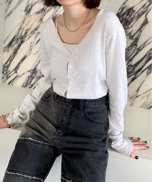 WHO'S WHO gallery(フーズフーギャラリー)の「Vネックリブカーデ(カーディガン/ボレロ・レディース・ライトグレー/ブラック/エメラルド・FREE)」の3枚目の写真