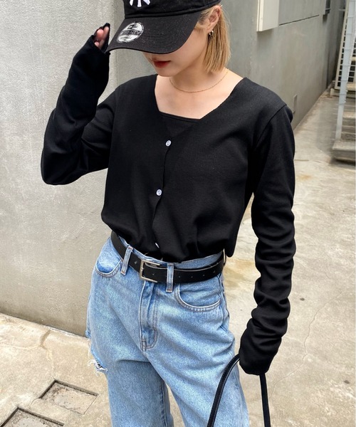 WHO'S WHO gallery(フーズフーギャラリー)の「Vネックリブカーデ(カーディガン/ボレロ・レディース・ライトグレー/ブラック/エメラルド・FREE)」の2枚目の写真