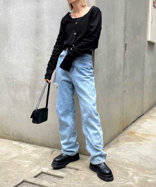 WHO'S WHO gallery(フーズフーギャラリー)の「Vネックリブカーデ(カーディガン/ボレロ・レディース・ライトグレー/ブラック/エメラルド・FREE)」の6枚目の写真