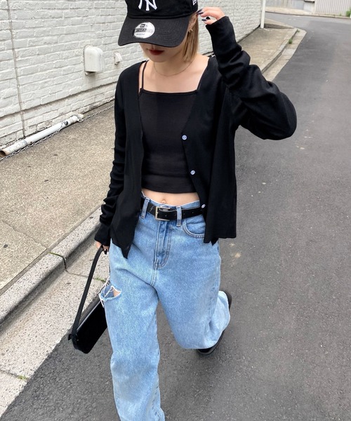 WHO'S WHO gallery(フーズフーギャラリー)の「Vネックリブカーデ(カーディガン/ボレロ・レディース・ライトグレー/ブラック/エメラルド・FREE)」の4枚目の写真