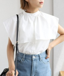 moment+ | T/Cブロード無地＆ランダムストライプ スクエアラッフルカラーケープブラウス(シャツ/ブラウス)