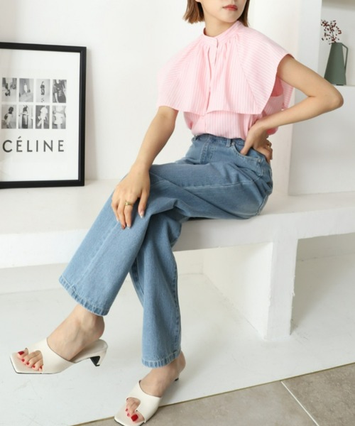 moment+（モーメントプラス）の「T/Cブロード無地＆ランダムストライプ スクエアラッフルカラーケープブラウス（シャツ/ブラウス・レディース・ブラック/オフホワイト/サックスブルー/ピンク・M）」の21枚目の写真