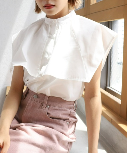 moment+（モーメントプラス）の「T/Cブロード無地＆ランダムストライプ スクエアラッフルカラーケープブラウス（シャツ/ブラウス・レディース・ブラック/オフホワイト/サックスブルー/ピンク・M）」の22枚目の写真