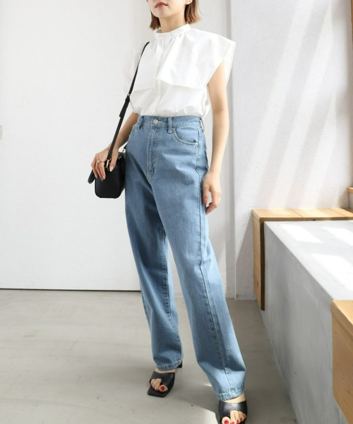 moment+（モーメントプラス）の「T/Cブロード無地＆ランダムストライプ スクエアラッフルカラーケープブラウス（シャツ/ブラウス・レディース・ブラック/オフホワイト/サックスブルー/ピンク・M）」の18枚目の写真