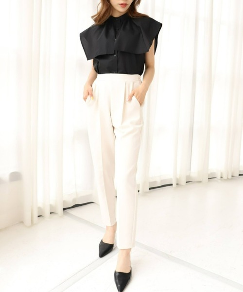 moment+（モーメントプラス）の「T/Cブロード無地＆ランダムストライプ スクエアラッフルカラーケープブラウス（シャツ/ブラウス・レディース・ブラック/オフホワイト/サックスブルー/ピンク・M）」の15枚目の写真