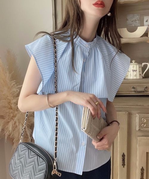 moment+（モーメントプラス）の「T/Cブロード無地＆ランダムストライプ スクエアラッフルカラーケープブラウス（シャツ/ブラウス・レディース・ブラック/オフホワイト/サックスブルー/ピンク・M）」の8枚目の写真