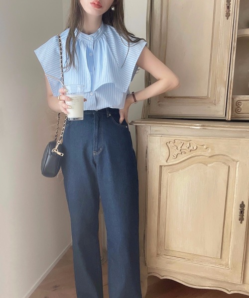 moment+（モーメントプラス）の「T/Cブロード無地＆ランダムストライプ スクエアラッフルカラーケープブラウス（シャツ/ブラウス・レディース・ブラック/オフホワイト/サックスブルー/ピンク・M）」の12枚目の写真