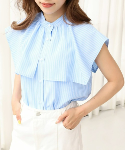 moment+（モーメントプラス）の「T/Cブロード無地＆ランダムストライプ スクエアラッフルカラーケープブラウス（シャツ/ブラウス・レディース・ブラック/オフホワイト/サックスブルー/ピンク・M）」の13枚目の写真