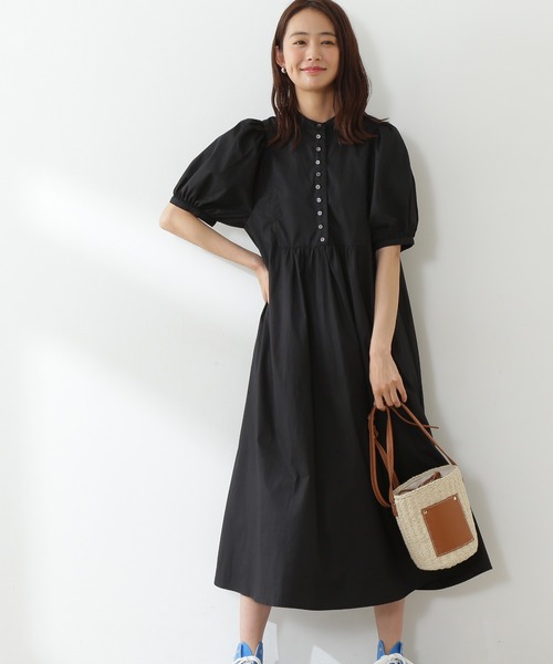 N.（N. Natural Beauty Basic）（エヌエヌナチュラルビューティーベーシック）の「◆配色ボタンボリュームスリーブコットンワンピース（ワンピース・レディース・ブラック/ブラウン/レッド・MEDIUM）」の2枚目の写真