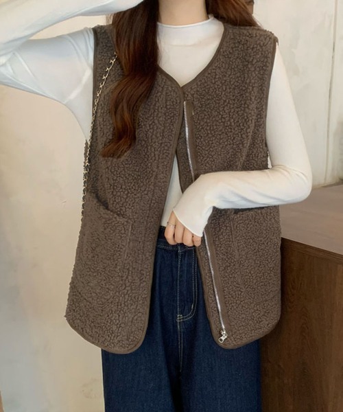 me+em select（ミームセレクト）の「【 ５色展開 】エコムートンジップボアベスト（ベスト・レディース・ベージュ/ブラウン/アイボリー/モカ/ダークベージュ・FREE）」の21枚目の写真