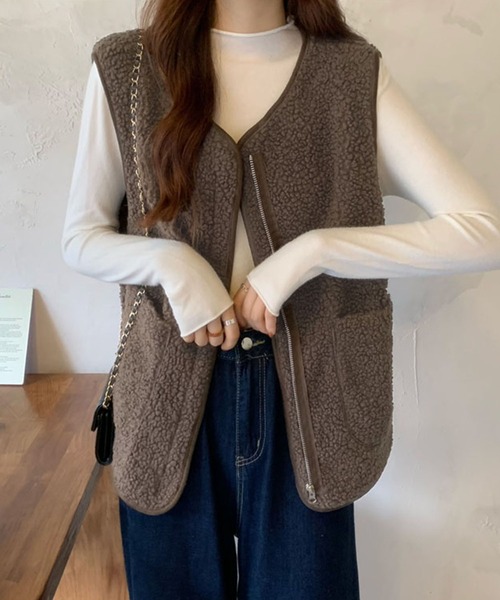 me+em select（ミームセレクト）の「【 ５色展開 】エコムートンジップボアベスト（ベスト・レディース・ベージュ/ブラウン/アイボリー/モカ/ダークベージュ・FREE）」の17枚目の写真