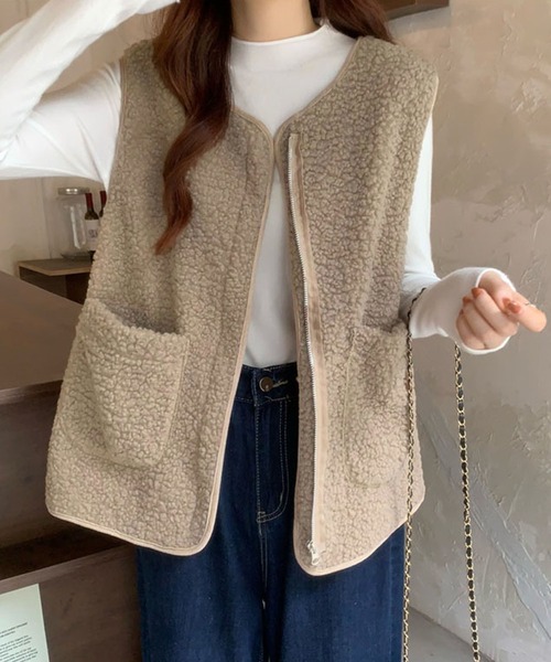 me+em select（ミームセレクト）の「【 ５色展開 】エコムートンジップボアベスト（ベスト・レディース・ベージュ/ブラウン/アイボリー/モカ/ダークベージュ・FREE）」の10枚目の写真