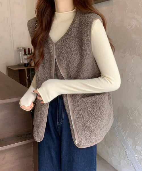 me+em select（ミームセレクト）の「【 ５色展開 】エコムートンジップボアベスト（ベスト・レディース・ベージュ/ブラウン/アイボリー/モカ/ダークベージュ・FREE）」の14枚目の写真