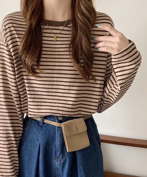 Chaco closet(チャコ クローゼット)の「ボーダーリンガーロンT(Tシャツ/カットソー・レディース・レッド/ブラウン/イエロー/ブラック/ブラック系その他・FREE)」の4枚目の写真